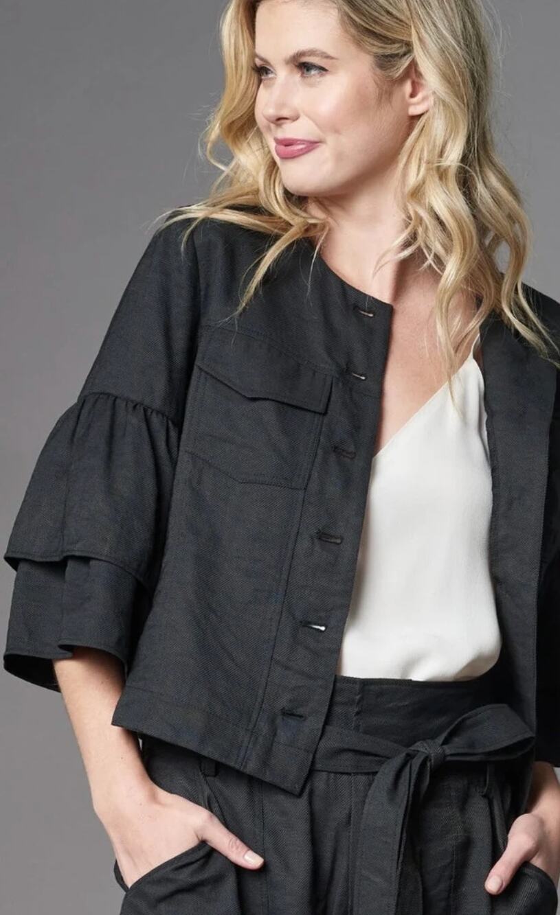 Lola & Sophie Linen Twill Ruffle Sleeve Jacket Black XS